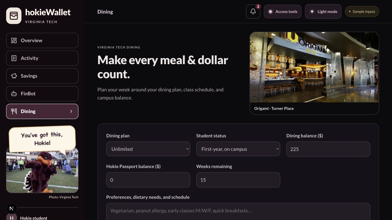 Dining planner interface with sample campus balances and meal preferences