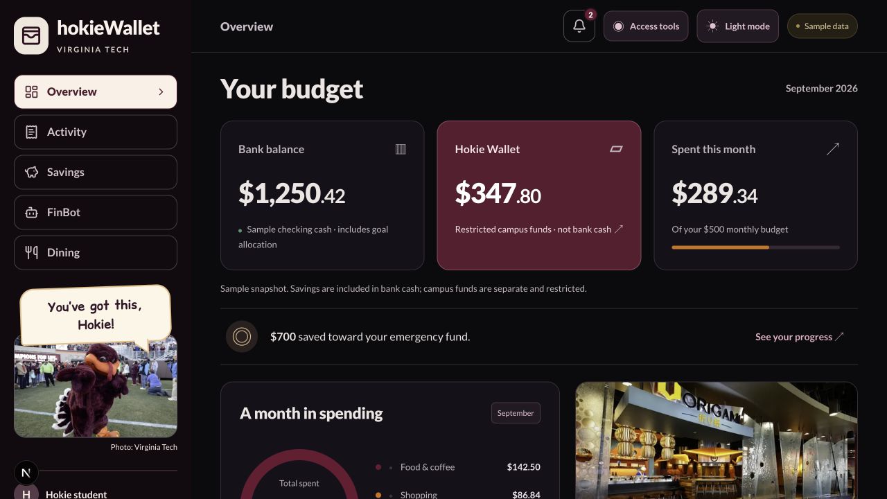 Hokie Wallet overview showing labeled sample balances, campus funds, and savings